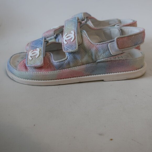 Women Chanel Rainbow Printed Fabric Quilted Interlocked CC Dad Sandals 37 US/6 - Picture 7 of 16